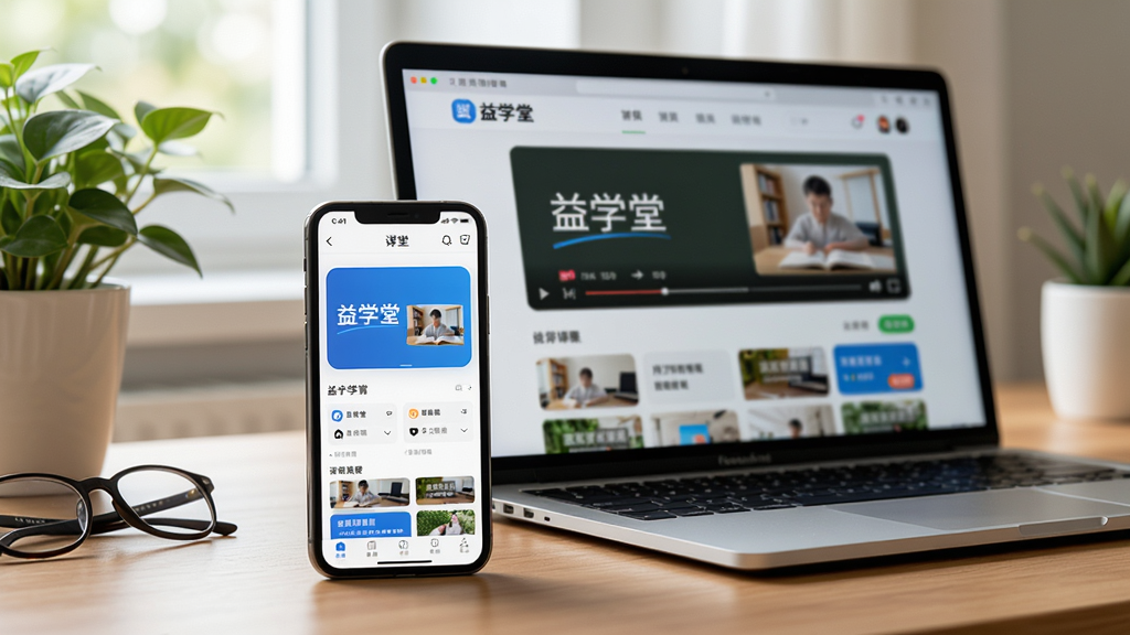 主体:一部手机和一台笔记本电脑并排放在桌面上,屏幕上都显示着“益学堂”的课程播放页面。布局:手机在前,电脑在后,形成视觉延伸感。排版:两个设备的屏幕均清晰显示APP界面。风格:写实生活场景,自然光照明。细节:桌面上有绿植和眼镜作为点缀,画面整体安静和谐。画质:高清,干净,无多余元素。