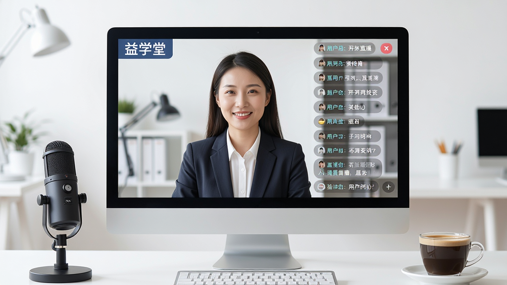 主体:电脑屏幕上的“益学堂”直播界面,画面中有讲师正对镜头,右侧是滚动的用户评论弹幕。布局:电脑为主视觉,前方摆放着一个话筒和一杯咖啡。排版:界面布局清晰,直播画面与评论区分明。风格:明亮清晰的商业场景写实风格。细节:屏幕内的讲师穿着职业装,表情亲切,弹幕文字隐约可见。画质:高清,干净,无多余元素。