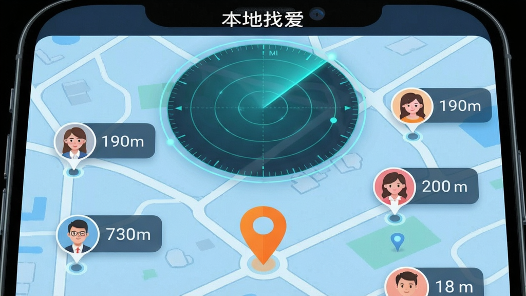 一张手机应用内截图风格的图片,顶部显示“本地找爱”的雷达扫描动画,周围有数个用户头像气泡分布在地图背景上,头像附近显示距离米数,界面以浅蓝色地图为底,搭配橙色定位图标,整体风格科技感十足,画面干净,细节丰富