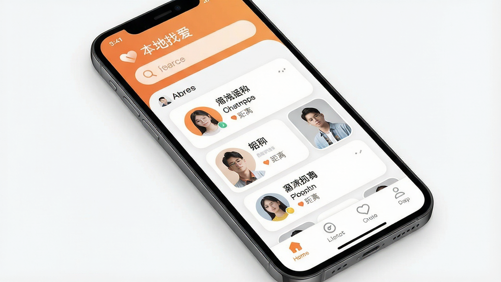 一张展示智能手机屏幕的图片,屏幕中清晰显示“本地找爱”APP的界面,主色调为温暖的橙色和白色,界面布局包含顶部搜索栏、中部用户卡片瀑布流以及底部导航栏,卡片上展示用户头像、昵称和距离,整体风格现代简约,UI设计圆润流畅,画质高清,干净无多余元素