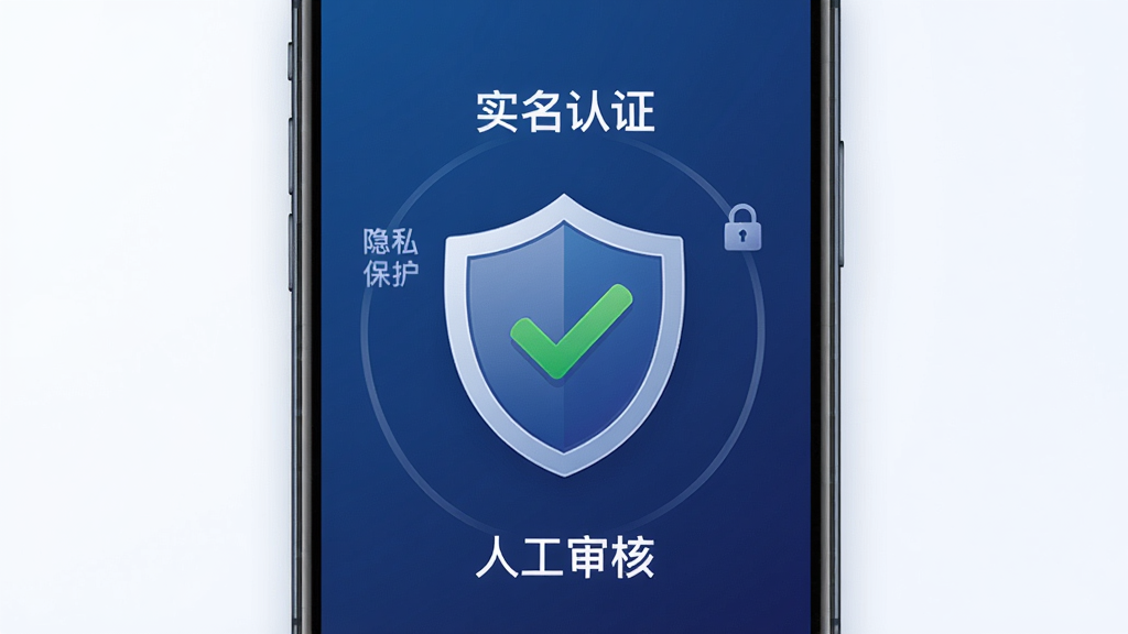 一张以“安全”为主题的手机界面设计图,画面中央有一个盾牌图标,盾牌上打着绿色的对勾,周围环绕着“实名认证”、“隐私保护”、“人工审核”等字样,背景为深蓝色渐变,整体风格稳重,突出安全可靠,画面干净整洁