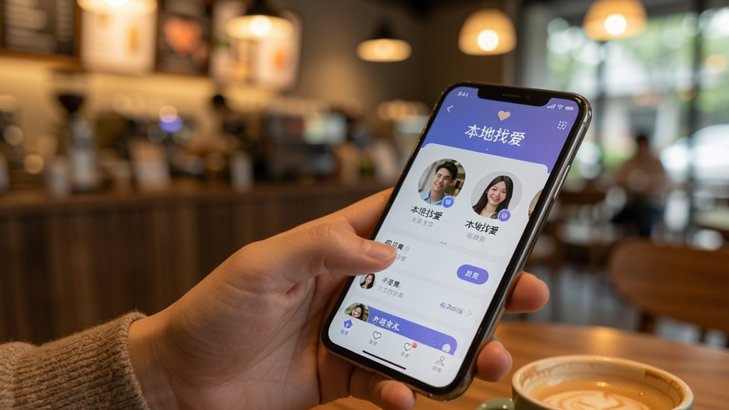 一张用户正在滑动手机屏幕查看交友软件的实拍照片,手机屏幕显示“本地找爱”的匹配界面,背景是模糊的咖啡馆环境,暖色调光线,画面聚焦于手机屏幕上的UI元素,风格生活化,画质高清,干净无多余元素