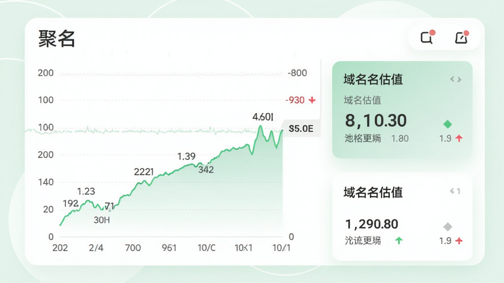 画面主体为“聚名”App行情页面,显示一条折线图与域名估值卡片,数值标注清晰。布局采用图表与卡片混合排版,背景为白色与浅绿柔和色调,风格清新专业,细节包括坐标轴与涨跌箭头,画质干净无多余元素。