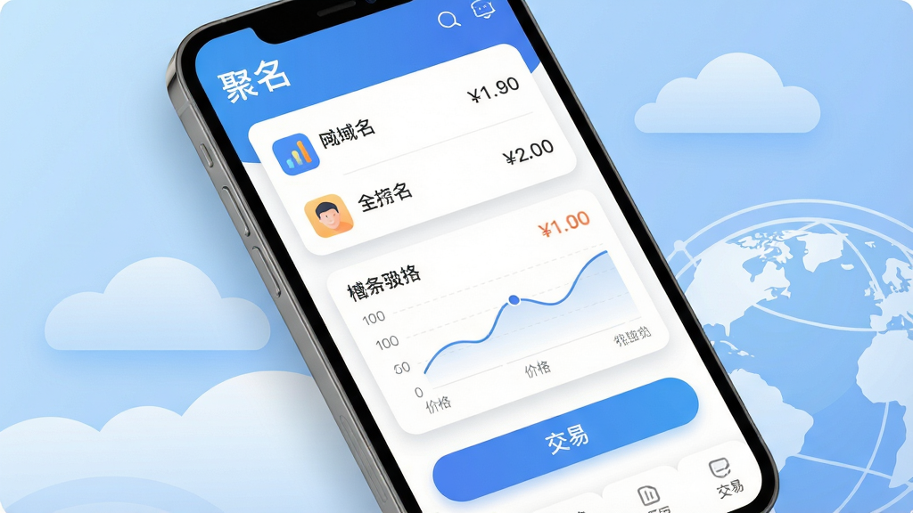 主体为一部智能手机屏幕特写,屏幕中清晰显示“聚名”App主界面,界面包含域名列表、价格走势图与交易按钮。布局采用居中构图,手机微微倾斜,背景为浅蓝色渐变搭配抽象云朵与地球线条。排版上突出界面图标与数据卡片,风格现代扁平,细节包括圆角卡片与阴影效果,画质高清干净,无多余元素。