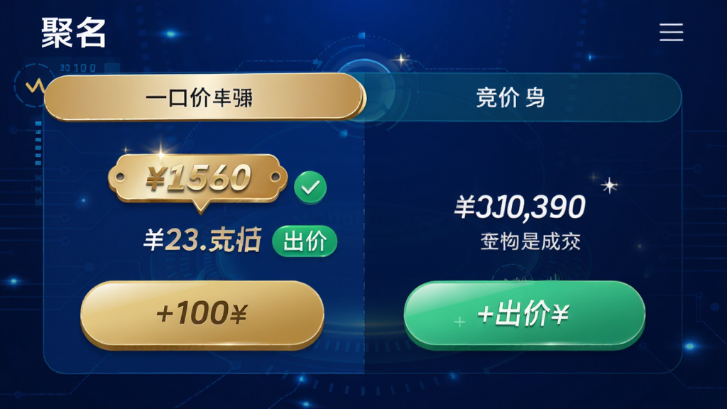图像主体为“聚名”App交易大厅界面,展示一口价与竞价两个标签页,页面上有价格数字与出价按钮。布局左右分栏,背景为深蓝科技感渐变,风格现代动感,细节包括金色价格标签与绿色成交提示,画质高清明亮,无多余元素。
