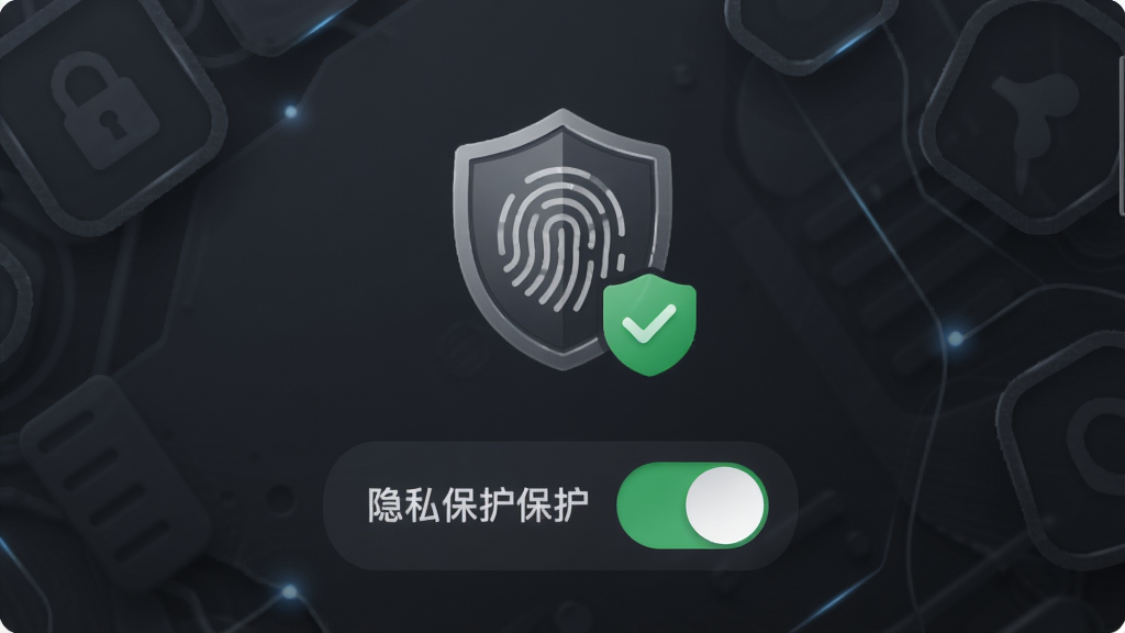 主体为“聚名”App安全中心界面,展示指纹解锁图标与隐私保护开关。布局居中,背景为深灰色科技感纹理,风格稳重,细节包括盾牌图标与绿色安全勾,画质高清明亮,无多余元素。