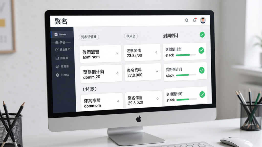 画面主体为“聚名”App的域名管理页面,屏幕上列有多个域名卡片,每个卡片显示域名名称、到期倒计时与绿色状态勾。布局采用列表式排版,背景为浅灰色工作台场景,风格简洁商务,细节突出数据标签与进度条,画质锐利干净,无多余元素。