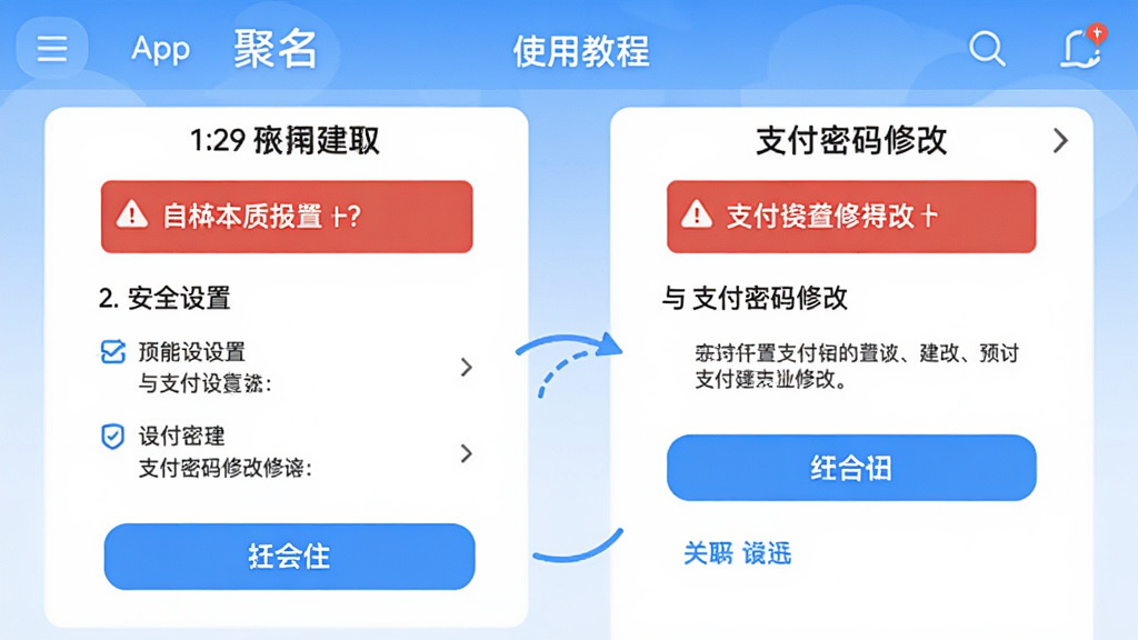 主体为“聚名”App使用教程页面,屏幕显示安全设置与支付密码修改步骤。布局采用左右分步引导,背景为浅蓝色教程风格,风格简洁,细节包括红色警示框与蓝色按钮,画质干净无多余元素。