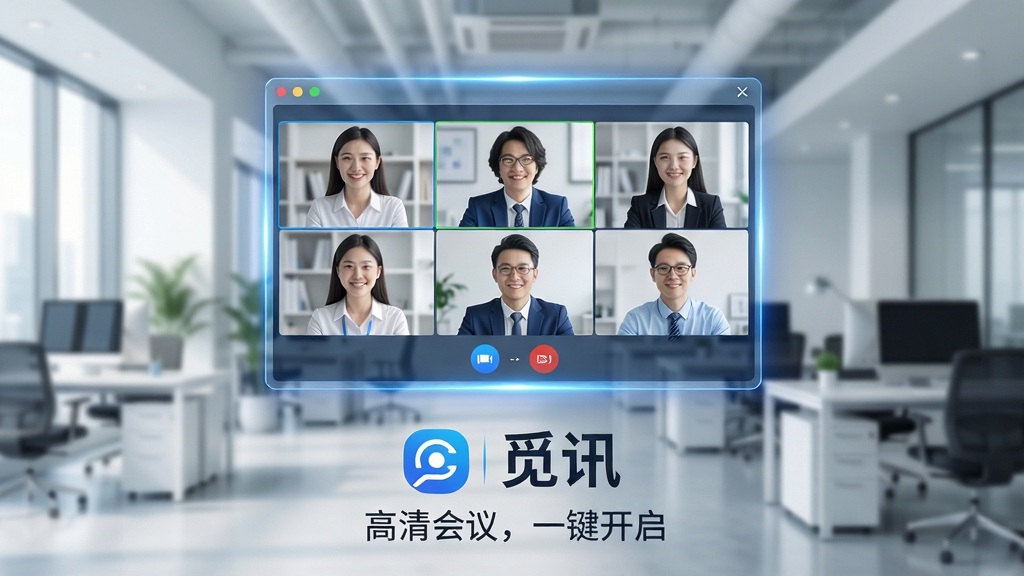 主体:觅讯软件的品牌形象展示,画面中央悬浮一个半透明的视频会议窗口,窗口中显示多位参与者的清晰头像,背景为模糊的现代办公室环境。布局:主视觉居中,四周留白,底部放置觅讯的Logo与“觅讯”文字。排版:视频窗口占画面60%,下方配以简洁的标语“高清会议,一键开启”。风格:科技感、商务风,色调以蓝色和白色为主。细节:窗口边缘有细腻的光效,人物表情自然,画面干净无杂物。画质:4K超清,干净,无多余元素。