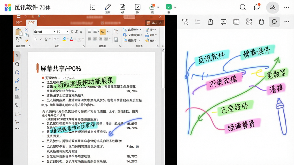 主体:觅讯软件的屏幕共享与白板功能展示,画面左侧为共享的PPT文档,右侧为白板区域,有多个彩色标注。布局:左右分栏,左侧占70%,右侧占30%,顶部有工具栏。排版:文档内容清晰可读,白板上的线条流畅,工具栏图标排列整齐。风格:商务简洁,颜色明亮。细节:标注笔迹有轻微荧光效果,界面无冗余元素。画质:高清,干净,无多余元素。