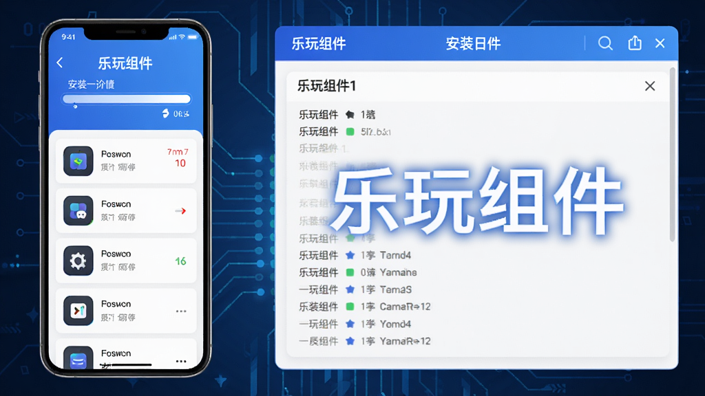 乐玩组件一键安装引擎示意图,画面左侧为手机屏幕,屏幕内显示安装进度条和组件详情列表,右侧为放大的安装日志窗口,有“乐玩组件”字样,整体配色以蓝色和白色为主,科技感风格,排版清晰,画质高清,干净,无多余元素