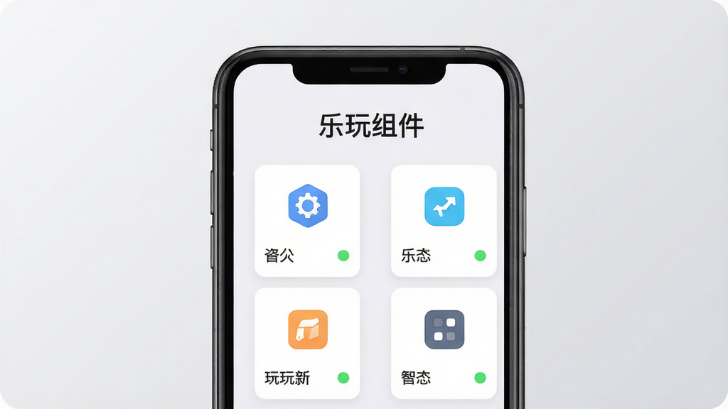 乐玩组件主界面展示图,画面中央为手机屏幕模型,屏幕内显示乐玩组件app主界面,上方有“乐玩组件”文字标题,下方排列整齐的组件图标卡片,每个卡片有名称和状态指示灯,背景为浅灰色渐变,整体布局简洁现代,UI风格扁平化,细节清晰,画质高清,干净,无多余元素
