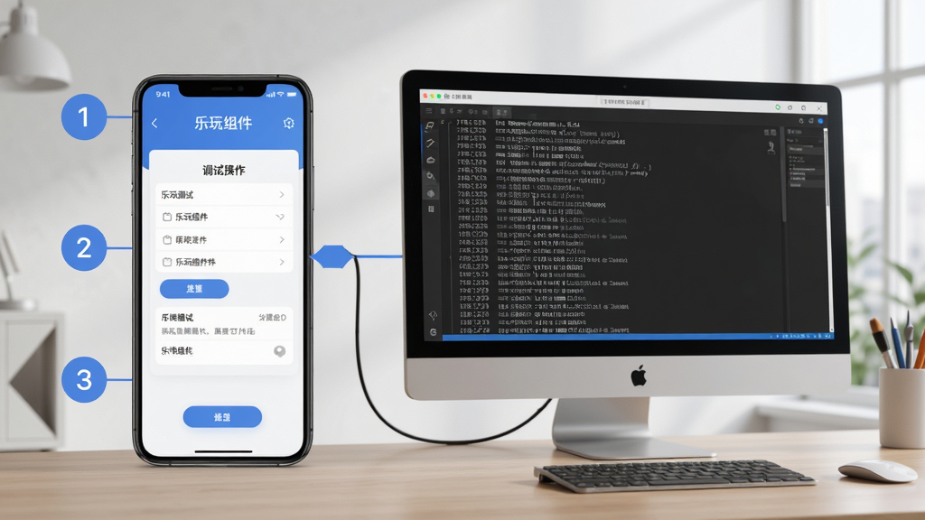 乐玩组件使用步骤示意图,画面为手机和电脑连接场景,手机屏幕显示乐玩组件操作界面,电脑屏幕显示调试日志,周围有步骤序号标识,风格写实,画质高清,干净,无多余元素