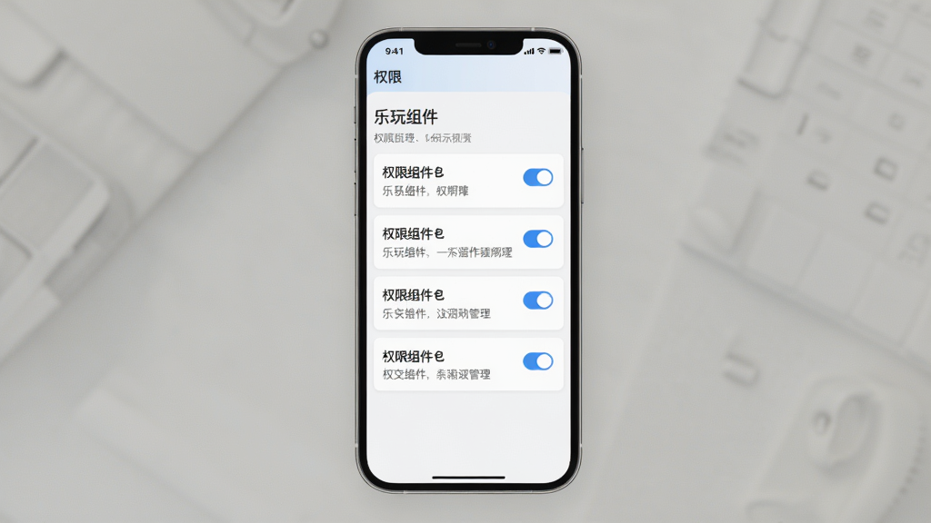 乐玩组件权限管理界面示意图,画面为手机界面,显示“乐玩组件”和权限列表,每个权限项有开关按钮和说明文字,背景为浅色,风格简洁,画质高清,干净,无多余元素