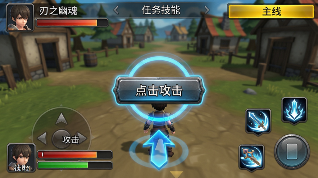 主体:《刃之幽魂》游戏新手引导界面截图,屏幕中央显示“点击攻击”按钮,周围有蓝色光圈提示,角色脚下有前进箭头,右侧有技能图标。布局:界面简洁,上方为任务栏,下方为操作按钮,左侧为角色头像和血条。排版:典型手机横版UI,按钮大小适中,适合手指点击,提示文字清晰,背景为游戏内的村庄场景。风格:半透明UI风格,按钮有金属质感,箭头为发光蓝色,整体色调与游戏主界面一致。细节:按钮上标注“攻击”和“技能”字样,血条为红色渐变,经验条为绿色,任务栏用亮黄色标记“主线”。画质:高清UI截图,文字清晰,无多余水印,干净无其他图标。