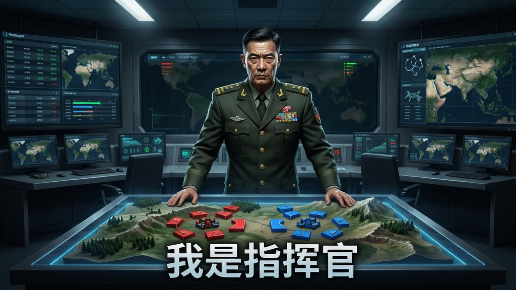画面中央展示现代战争指挥中心场景,一位身穿军装的指挥官站在全息沙盘前,沙盘上清晰显示战地地形与红蓝双方兵力部署,周围环绕着闪烁的数据屏幕与战术地图,整体布局以指挥官为视觉中心,左右对称分布指挥设备。画面采用写实军事风格,光影对比强烈,细节丰富,人物表情专注严肃。画质高清,干净整洁,无多余元素,画面中浮现“我是指挥官”游戏标题字样。