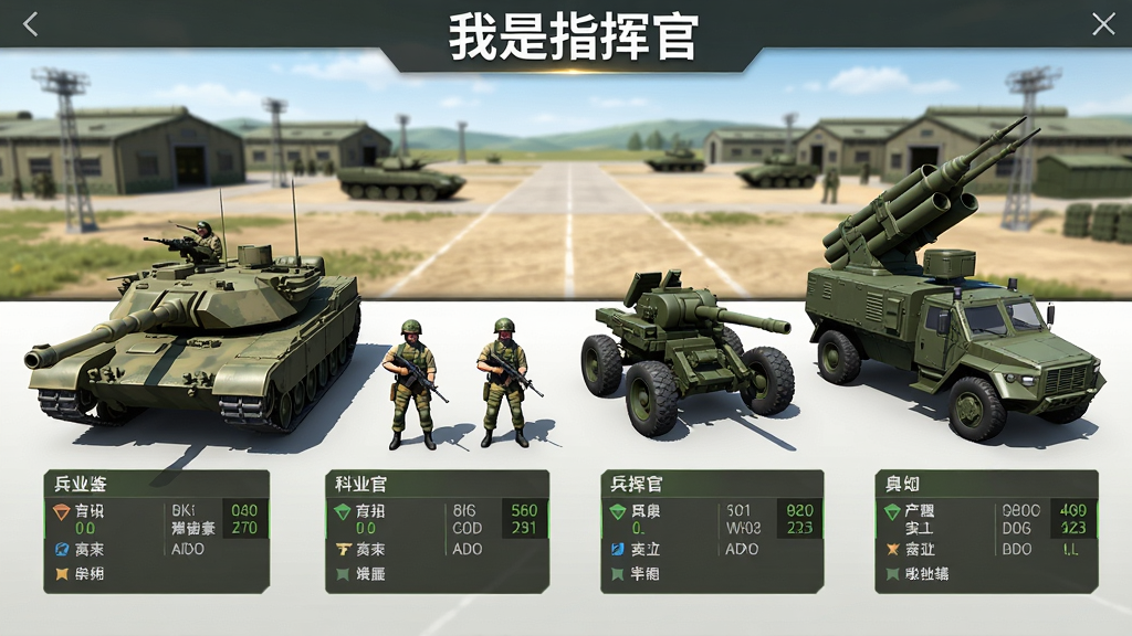 展示多个兵种单位并排陈列的画面,前景是坦克、步兵、炮兵、防空导弹车等不同兵种的3D模型,背景是军事基地训练场,每个兵种下方有对应的属性面板。整体采用军事风展示布局,光线明亮,细节清晰,画质精美,干净无多余元素,画面中显示“我是指挥官”兵种图鉴界面。