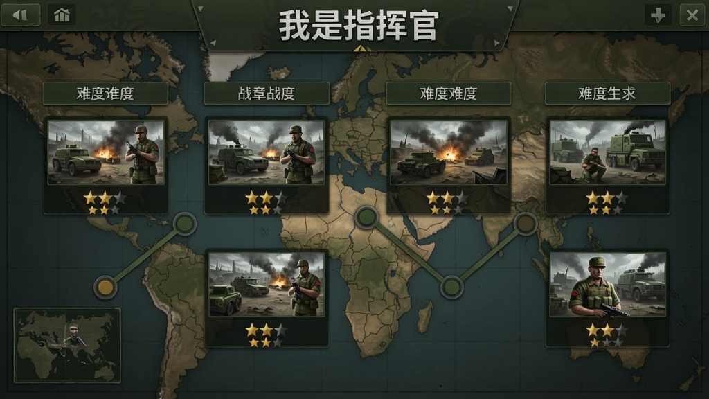 展示游戏多章节战役选择界面,背景是军事地图,地图上分布多个关卡节点,每个节点有对应的战场缩略图与难度星级。整体采用军事风UI设计,色调以深绿色与棕色为主,布局清晰,画质干净,无多余元素,画面中显示“我是指挥官”战役选择字样。