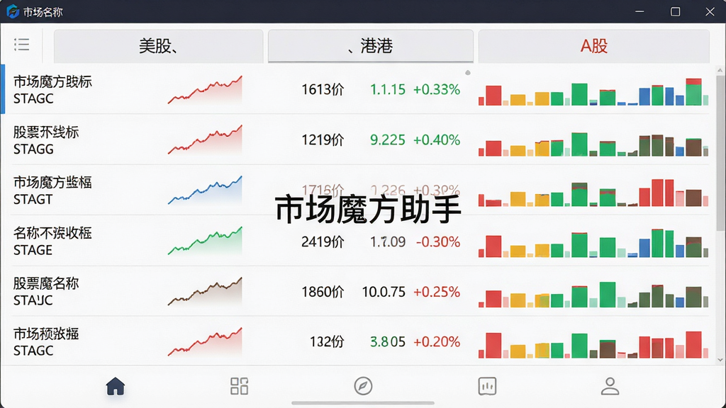 主体:市场魔方助手软件界面展示全球股市行情列表,屏幕左侧是股票名称与代码,右侧是彩色涨跌幅柱状图。布局:顶部为市场切换标签(美股、港股、A股),下方为股票列表,每行包含名称、最新价、涨跌幅。排版:列表整齐,数据用红绿颜色区分涨跌,界面中央显示“市场魔方助手”字样。风格:简洁商务,数据可视化风格,浅色背景。细节:股票名称旁有迷你走势图,底部有导航栏。画质:高清,干净,无多余元素。