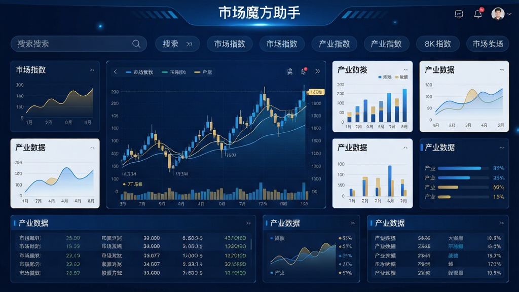 主体:市场魔方助手软件主界面,展示全球股市数据大屏,中央是动态K线图与产业数据图表,周围环绕多维度数据卡片。布局:上方为搜索栏与市场指数标签,下方为股票列表与产业数据模块,整体采用深蓝科技感背景。排版:信息层级分明,数据可视化清晰,文字标签如“市场魔方助手”展示在界面顶部。风格:现代简约,科技金融风格,高质感渲染。细节:图表线条流畅,数字清晰,色彩搭配专业(蓝、白、金),背景有微光效。画质:8K超清,干净,无多余元素。