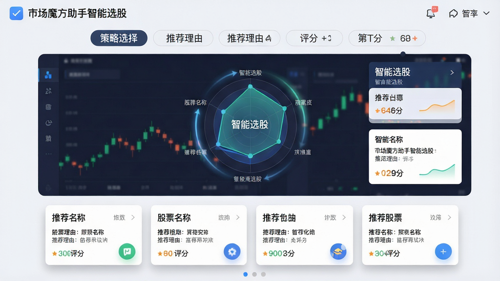 主体:市场魔方助手智能选股界面,屏幕中央是雷达图与股票推荐卡片,显示“智能选股”字样。布局:上方为策略选择标签,下方为推荐股票卡片,每张卡片包含股票名称、推荐理由、评分。排版:卡片式布局,颜色清新,突出推荐信息。风格:现代扁平化,轻商务风格,浅色背景。细节:雷达图有动态效果,卡片有阴影。画质:高清,干净,无多余元素。