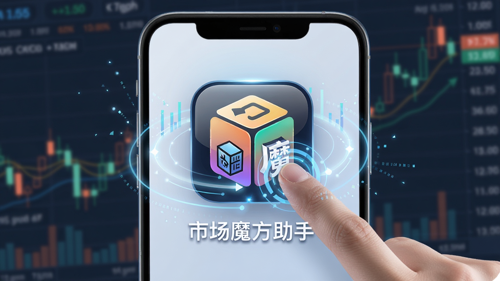 主体:手机桌面显示市场魔方助手图标,手指点击图标,周围有数据光环特效。布局:手机居中,背景为模糊的股票图表。排版:图标下方有“市场魔方助手”文字。风格:科技感,浅色背景,干净。细节:图标有光泽,点击特效明显。画质:高清,无多余元素。