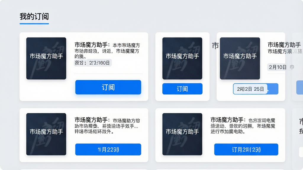 主体:市场魔方助手报告订阅页面,展示报告列表与订阅按钮。布局:上方为“我的订阅”标签,下方为报告卡片,包含报告封面与简介。排版:卡片式排列,封面有“市场魔方助手”水印。风格:简洁优雅,浅灰背景,商务风格。细节:订阅按钮为蓝色高亮,有日期标签。画质:高清,干净,无多余元素。