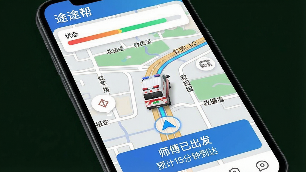 一张手机地图导航风格的应用界面预览图,主体是地图上显示一辆救援车正向用户位置移动的动画效果,布局顶部有救援状态进度条,中部为地图,底部有“师傅已出发”和“预计15分钟到达”的提示文字,排版简洁直观,风格现代且带有科技感,细节包括地图上的道路名称和救援车图标,画质干净,无多余元素,应用名称显示为“途途帮”