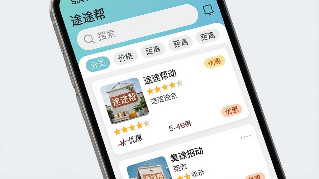 一张手机应用内店铺列表页面的设计图,主体是途途帮APP中的合作店铺列表,布局上方为搜索栏和分类筛选标签,下方是卡片式店铺信息,包含店铺名称、评分、距离和“优惠”标签,风格清新简洁,现代扁平化UI,细节包括每张卡片上的星级评分和价格划线,画质干净,无多余元素,应用名称显示为“途途帮”