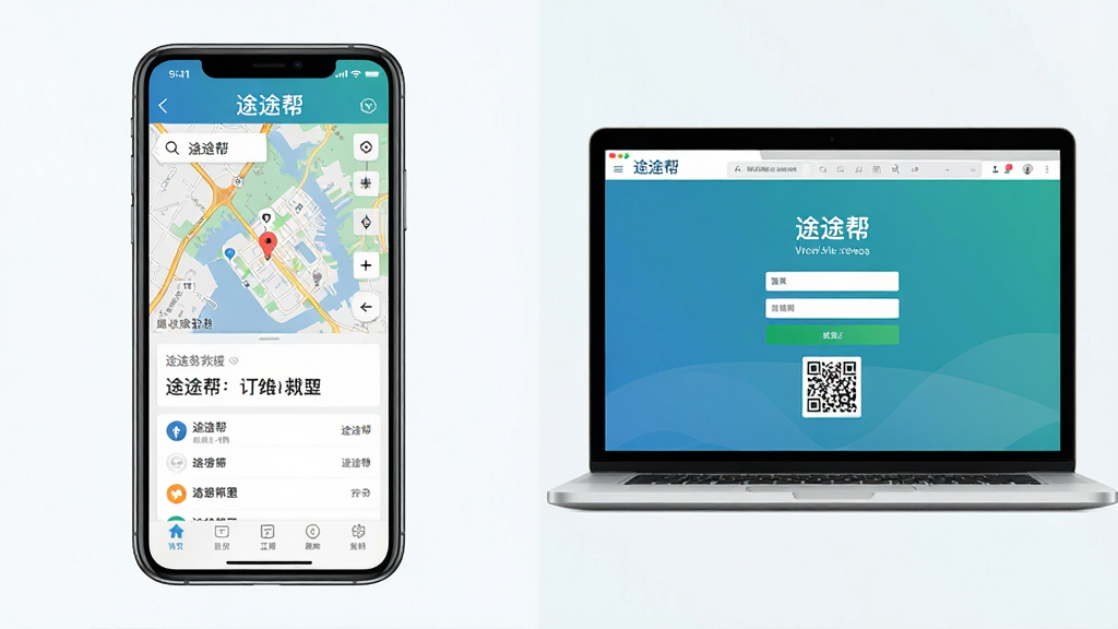 一张展示手机和电脑同时使用途途帮应用的对比图,主体左侧是一部手机显示途途帮救援订单页面,右侧是一台笔记本电脑显示途途帮网页版登录界面,布局左右对称,风格现代清新,细节包括手机屏幕上的地图和电脑屏幕上的二维码,画质干净,无多余元素,应用名称显示为“途途帮”