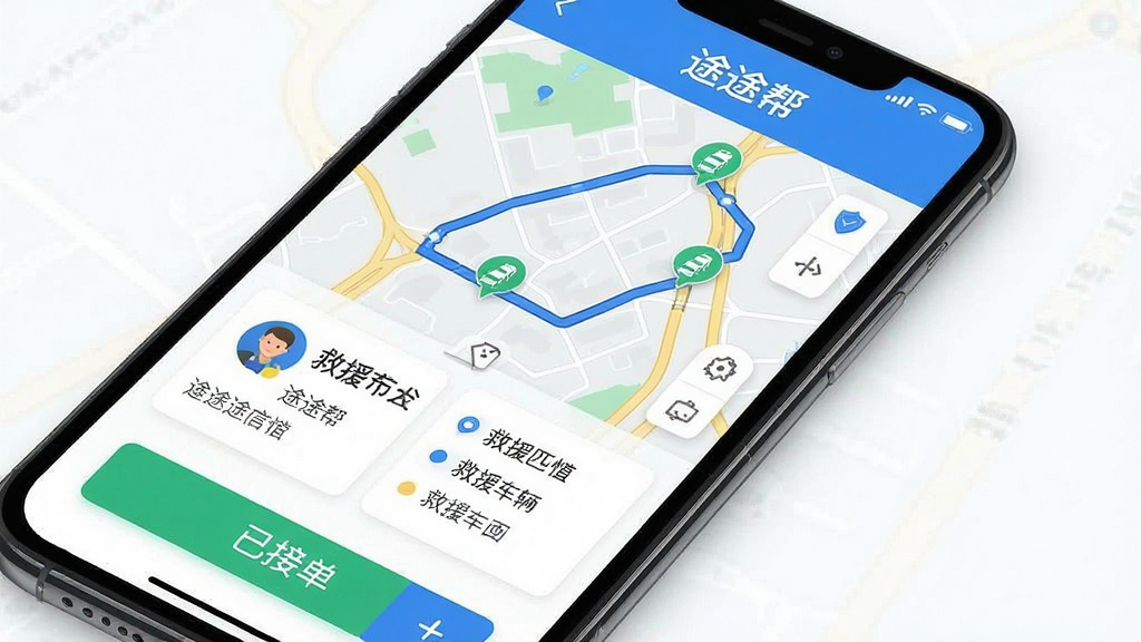 一张手机应用界面截图风格的图片,主体是途途帮APP的救援匹配页面,布局上方显示用户当前位置和救援车辆轨迹地图,下方有救援师傅信息卡片和“已接单”状态按钮,排版清晰,现代扁平化UI风格,细节包括地图上的蓝色路线和绿色车辆图标,画质干净,无多余元素,应用名称显示为“途途帮”
