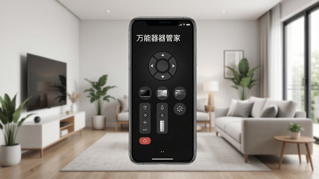 万能遥控器管家主界面展示,手机屏幕显示多种家电遥控界面,背景为现代家居客厅,布局清晰,排版整洁,风格简约明亮,细节丰富,画质高清干净,无多余元素