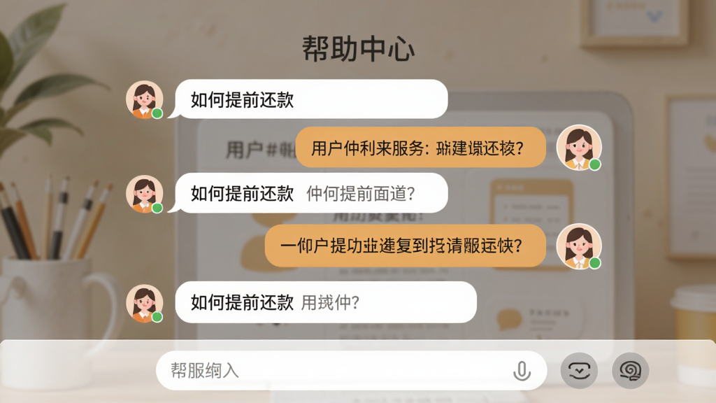 主体:“仲利来服务”客服对话界面,显示用户提问与客服回复气泡,背景有“帮助中心”字样。布局:对话列表居中,底部有输入框。排版:气泡圆润,文字清晰,右侧有客服头像。风格:友好亲切,暖色点缀。细节:对话内容包含“如何提前还款”等问题。画质:高清,干净,无多余元素。