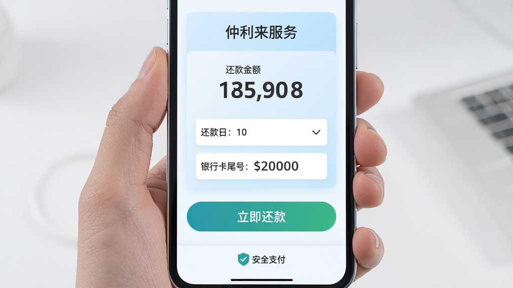主体:“仲利来服务”在线还款页面,手机屏幕显示还款金额、还款日、银行卡尾号,下方有“立即还款”按钮。布局:信息垂直排列,按钮醒目。排版:数字字体突出,背景为淡蓝色卡片。风格:简洁实用,清晰易读。细节:页面底部有“安全支付”标识。画质:高清,干净,无多余元素。