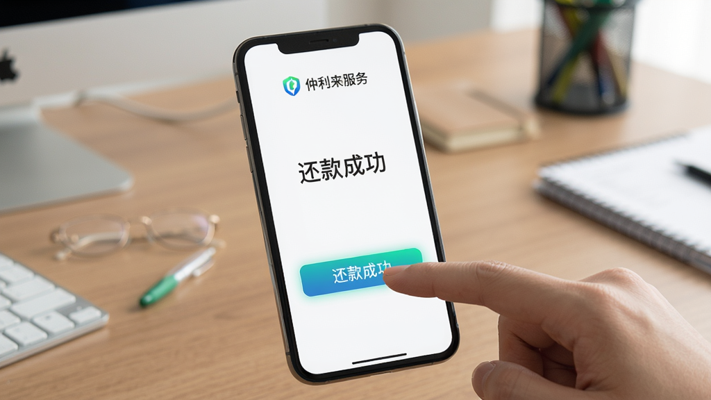 主体:“仲利来服务”手机使用场景,用户手指点击还款按钮,屏幕显示“还款成功”。布局:手机特写,背景为办公桌。排版:手机屏幕居中,按钮高亮。风格:生活化,真实感。细节:屏幕上有“仲利来服务”logo。画质:清晰,干净,无多余元素。