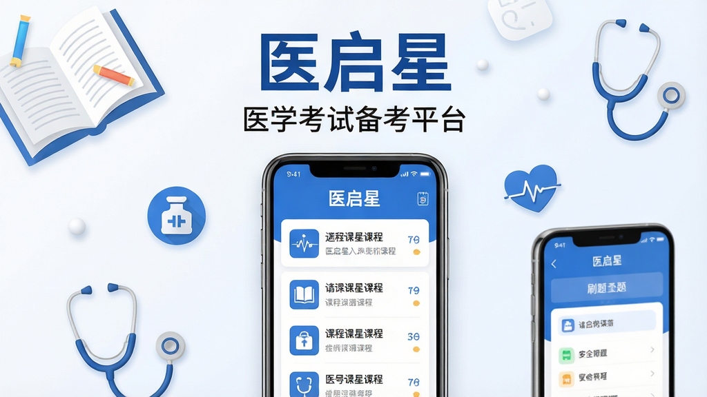 主体:医启星App界面展示,居中显示手机屏幕,屏幕上有“医启星”字样和课程列表、刷题界面。布局:手机位于画面中央,周围有书本、听诊器、医学图标点缀。排版:主标题“医启星”置于顶部,副标题“医学考试备考平台”在下方。风格:现代扁平化,蓝白主色调,干净明亮。细节:屏幕内容清晰可辨,图标精致,画面整洁。画质:高清渲染,干净,无多余元素。