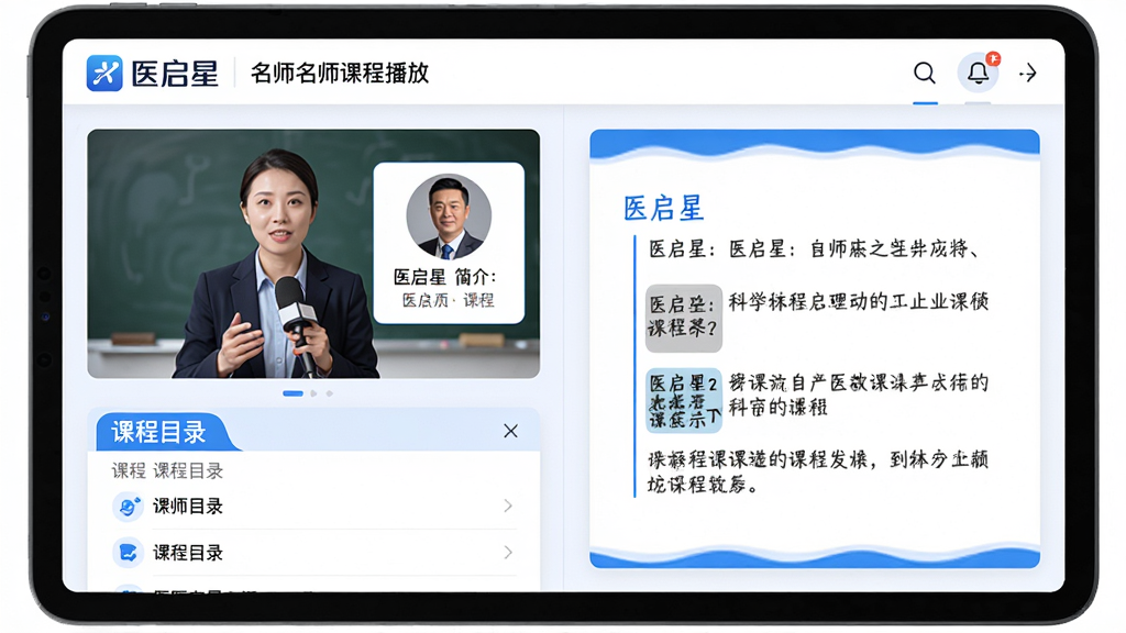 主体:医启星App内名师课程播放页面,左侧是讲师讲解画面,右侧是课件内容。布局:平板设备横屏展示,顶部有“医启星”Logo和课程名称。排版:讲师头像与简介卡片,下方是课程目录列表。风格:教育商务风,浅色背景,蓝色点缀。细节:课件文字清晰,讲师形象专业,界面整洁有序。画质:高清,干净,无多余元素。