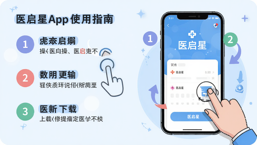 主体:医启星App使用指南插图,展示手机操作步骤,如点击、滑动、下载等手势。布局:手机屏幕特写,周围有步骤编号指示。排版:左侧为操作指南文字,右侧为手机示例。风格:插画风,淡蓝色背景,简洁线条。细节:每一步骤用不同颜色圆圈标号,手机界面显示“医启星”主页。画质:高清,干净,无多余元素。
