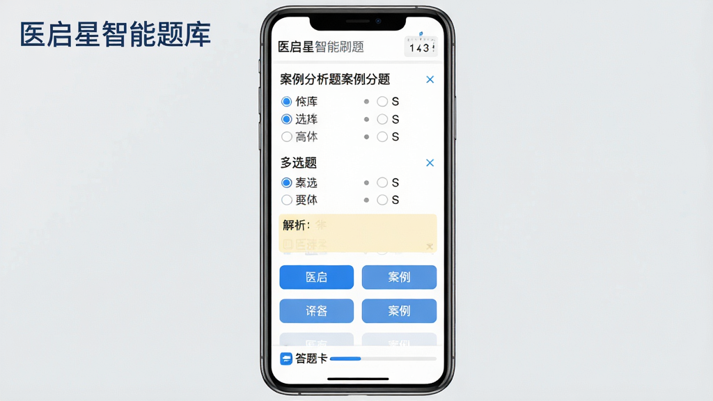 主体:医启星App智能刷题界面,显示单选题、多选题、案例分析题等题型。布局:手机竖屏,上方是题目区域,下方是选项按钮,底部有答题卡进度条。排版:左侧有“医启星智能题库”字样,右侧有计时器。风格:清爽简洁,白色背景,蓝色与灰色文字。细节:选项前有圆点选择框,解析区域用浅黄色高亮。画质:高清,干净,无多余元素。