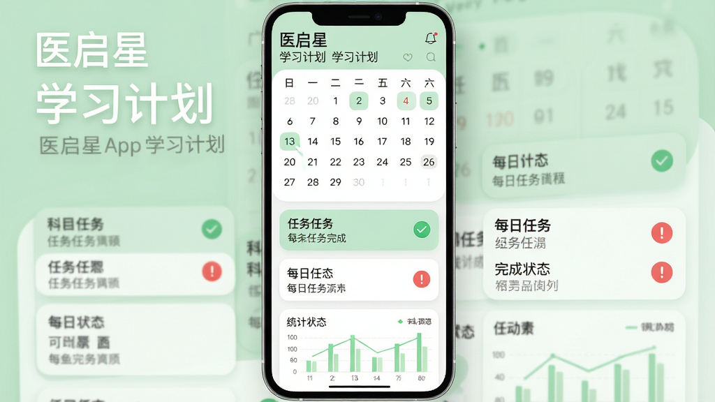 主体:医启星App学习计划页面,展示日历视图与每日任务列表。布局:屏幕上方是月历,下方是任务卡片,每个卡片显示科目、任务内容与完成状态。排版:顶部有“医启星”和“学习计划”标题,底部有统计图表。风格:简约清新,淡绿色与白色搭配,圆角卡片设计。细节:已完成任务打勾,未完成任务红色感叹号,图表清晰。画质:高清渲染,干净,无多余元素。