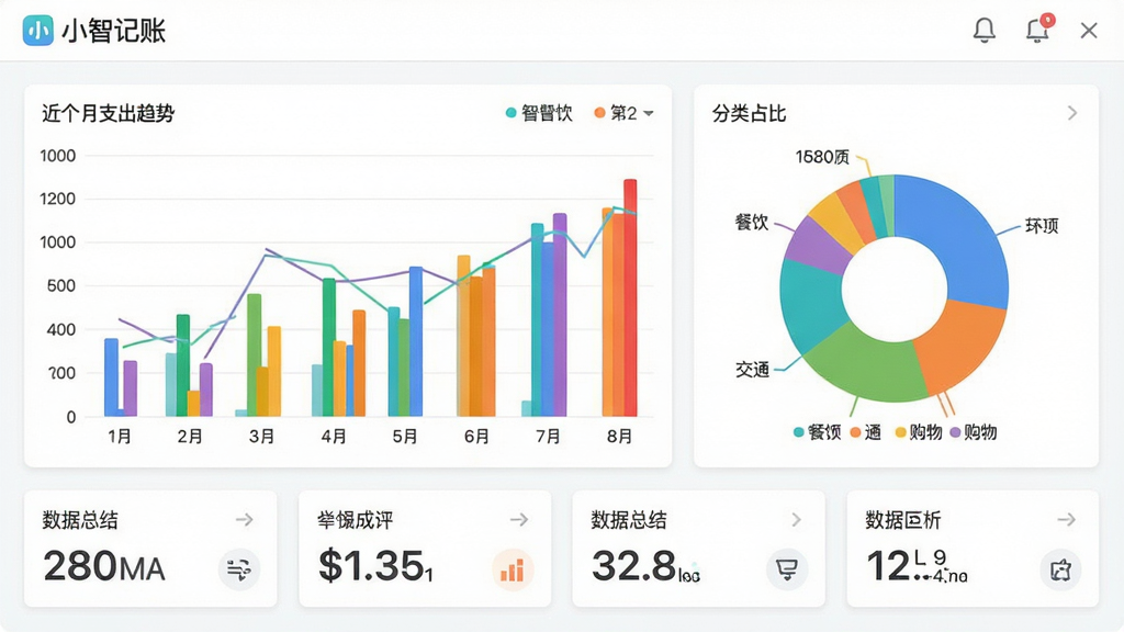 小智记账的报表分析页面截图,包含彩色柱状图展示近六个月支出趋势,饼图显示餐饮、交通、购物等分类占比,下方配有数据总结卡片,界面以白色为底,图表配色鲜艳但不刺眼,整体排版整齐,突出数据可视化的清晰性,画质细腻,无多余元素,标注“小智记账”品牌名