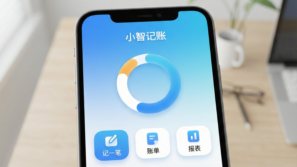 一幅展示小智记账应用主界面的高清渲染图,界面以清新的蓝白渐变为主色调,中央显示本月收支统计环形图,下方排列着“记一笔”、“账单”、“报表”等主要功能按钮,界面布局简洁现代,每个图标圆润精致,整体风格明亮干净,突出“小智记账”品牌名称,画质清晰,无多余元素