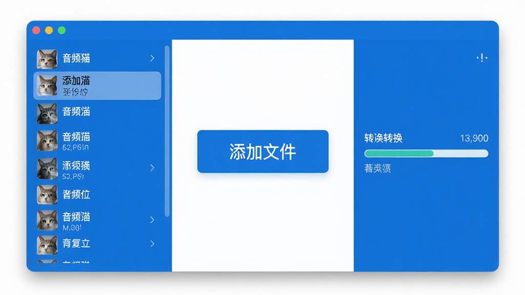 高清数字艺术风格的转换猫MP3转换器软件主界面展示图,界面设计简洁现代,以蓝色和白色为主色调,主界面中央有一个醒目的