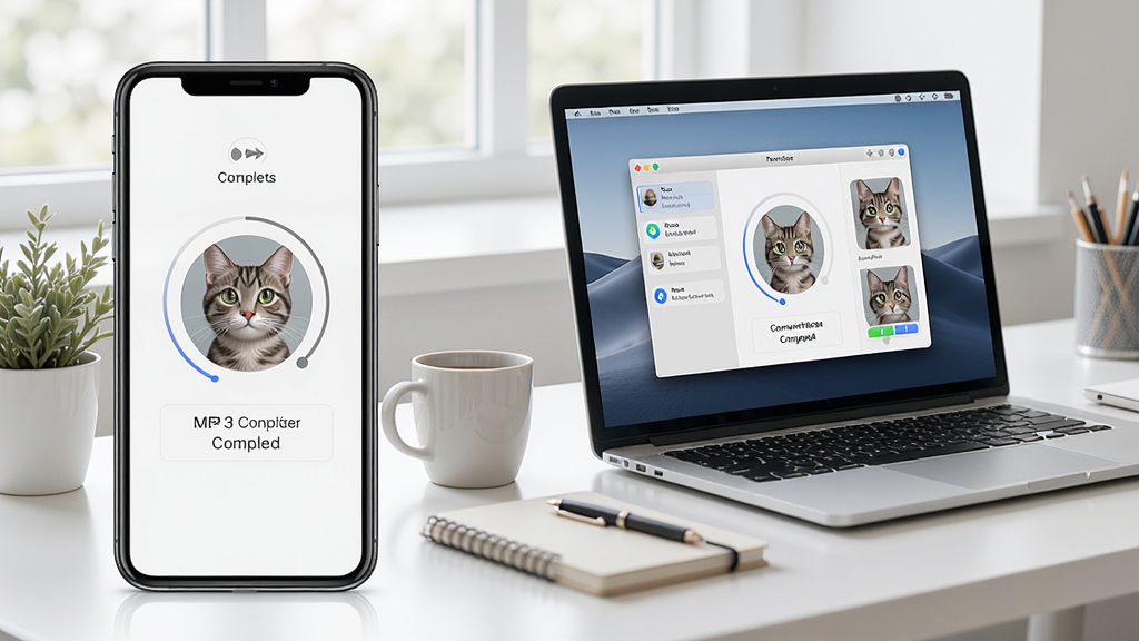 展示转换猫MP3转换器软件在手机和电脑上同步使用的场景图,左侧是手机屏幕显示转换完成的界面,右侧是笔记本电脑显示相同的软件界面,背景是干净的工作桌面,光线明亮,细节清晰,画质高