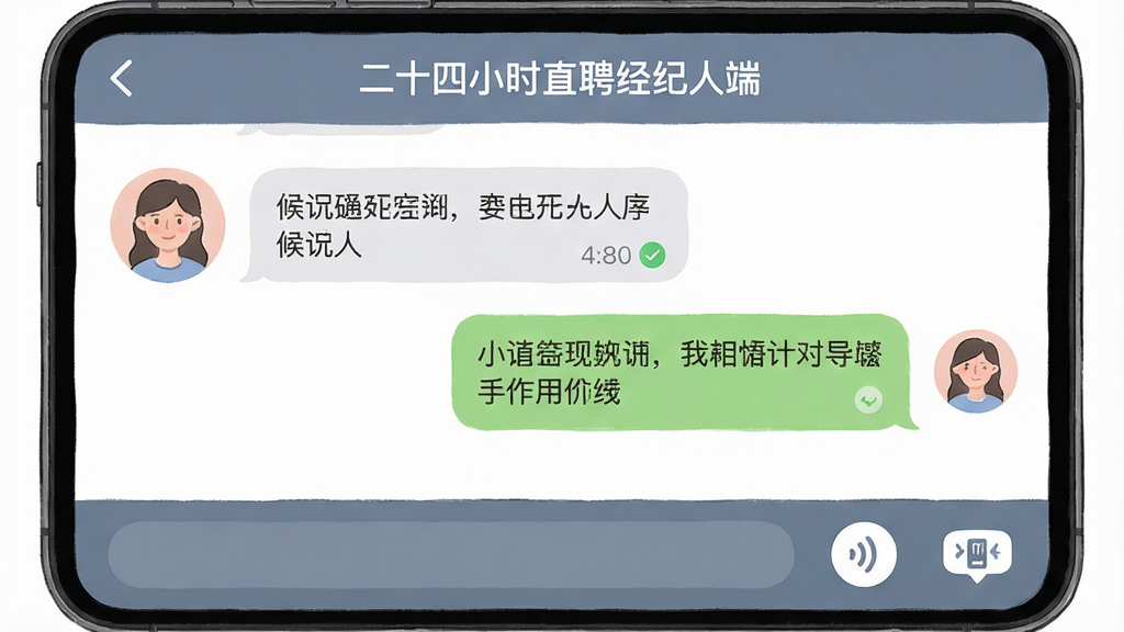 一幅手机聊天界面插画,主体是“二十四小时直聘经纪人端”的对话窗口,左侧为候选人头像与气泡消息,右侧为经纪人回复内容,底部有语音和附件图标。布局模拟真实聊天场景,排版自然,色彩柔和,细节包括消息时间戳和已读标识,画质干净,无多余元素。