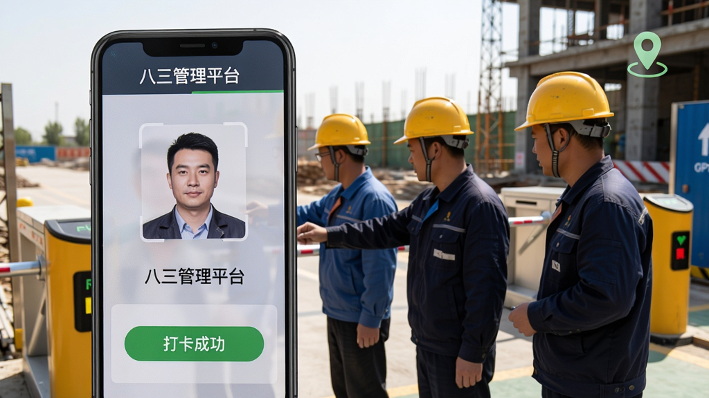 展示“八三管理平台”考勤打卡界面,手机屏幕上显示人脸识别框和“打卡成功”绿色按钮,右上角有GPS定位图标,背景为工地入口闸机场景,工人排队刷脸,光线明亮,风格写实,画质清晰,无多余元素