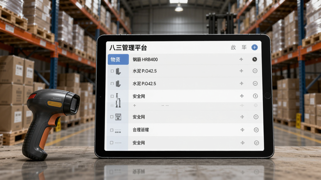 展示“八三管理平台”物资管理模块,平板电脑上显示物资列表,包括“钢筋 HRB400”“水泥 P.O42.5”“安全网”等条目,旁边有扫码枪和货物货架,背景为仓库内景,灯光柔和,风格写实,画质干净