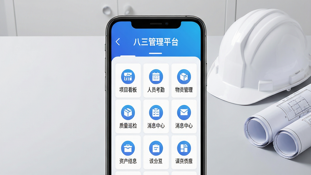 画面中心展示“八三管理平台”手机主界面,上方为蓝色渐变导航栏,下方为九宫格功能图标,包括“项目看板”“人员考勤”“物资管理”“质量巡检”“消息中心”等,背景为浅灰色办公桌面,旁边有一顶白色安全帽和折叠图纸,整体风格扁平化,配色以蓝白为主,画质清晰,干净无多余元素