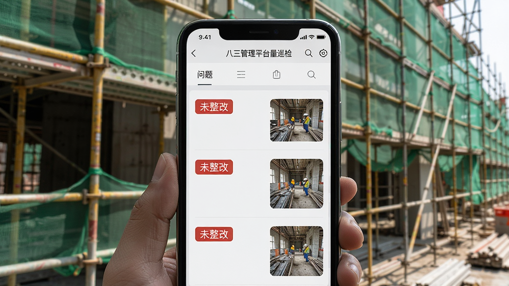 展示“八三管理平台”质量巡检界面,手机屏幕上显示问题列表,每条有红色“未整改”标签和现场照片缩略图,背景为施工现场脚手架,有安全网,光线自然,风格纪实,画质清晰,无多余元素