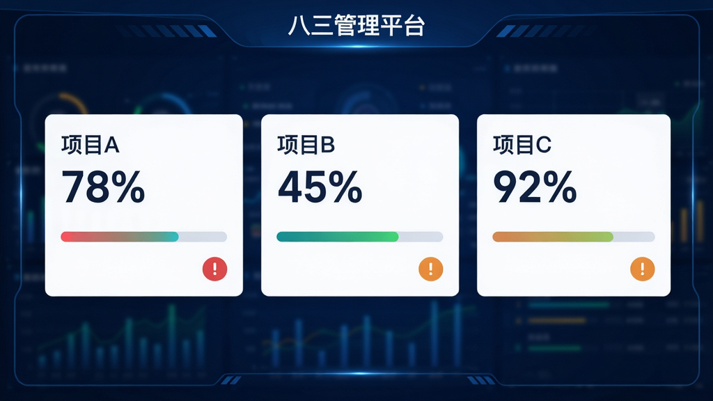 展示“八三管理平台”多项目看板界面,屏幕上横向排列三个项目卡片,分别标注“项目A 78%”“项目B 45%”“项目C 92%”,每个卡片下方有彩色进度条和圆形预警图标,背景为深蓝色数据大屏风格,四周有微弱的光效,整体科技感强,画质高清,干净整洁